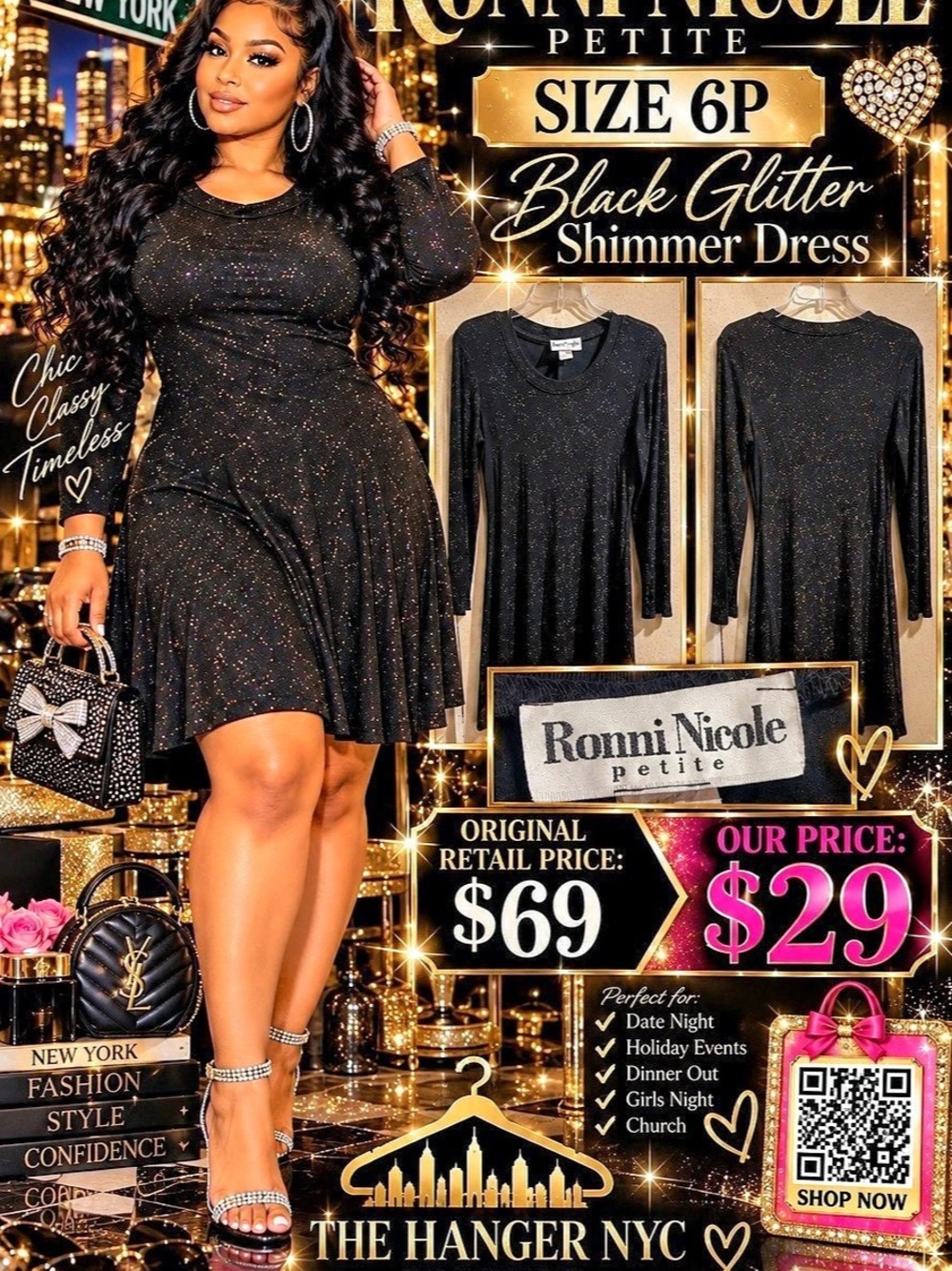 Ronni Nicole Black Glitter Midi Dress Size 6P Like New